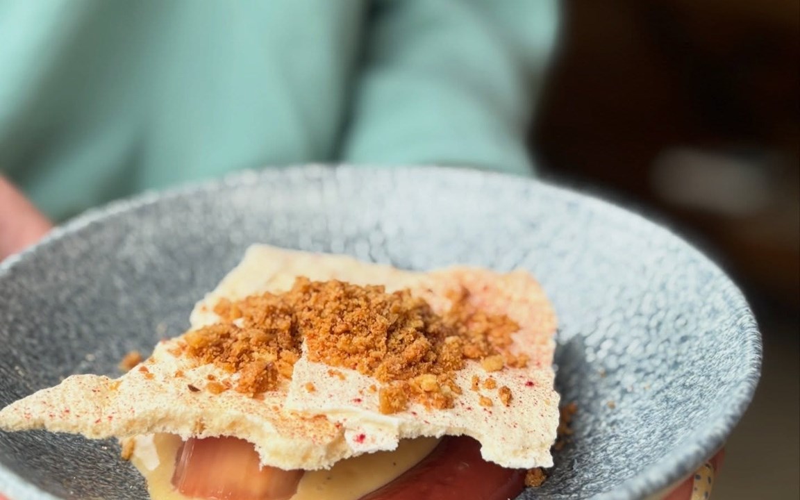 Groobarb Poached rhubarb, brioche crumb, rhubarb and strawberry jam & white patisserie
