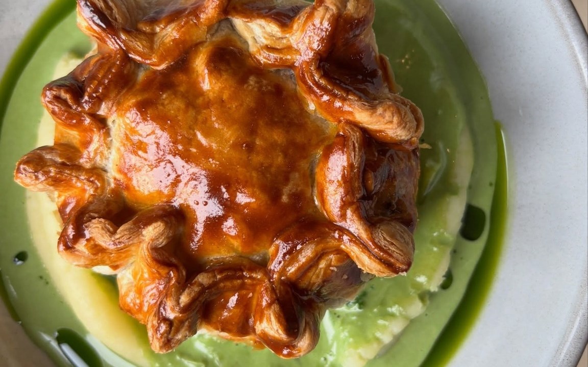 Groobarb Beef bourguignon pie, bone sauce & wilted wild garlic