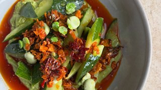 Groobarb Smashed cucumber & broad beans with green tahini & crispy chillies