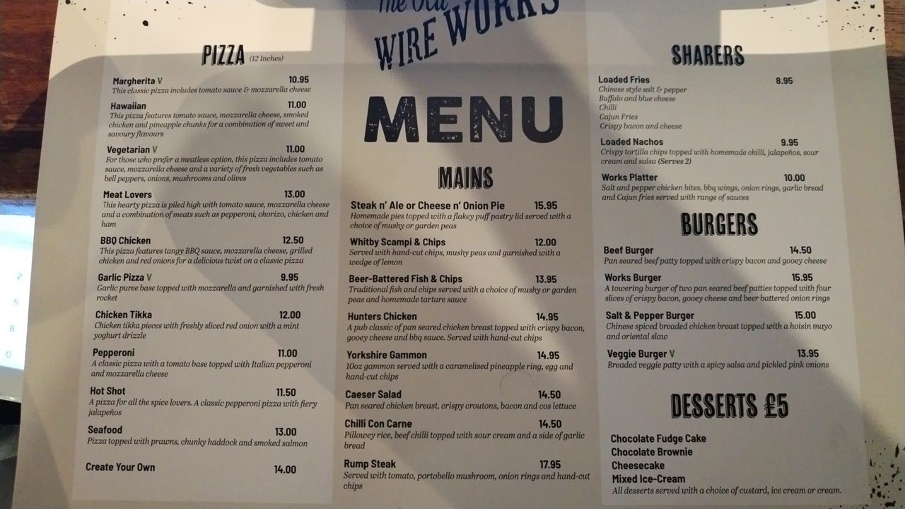 The Old Wire Works menu